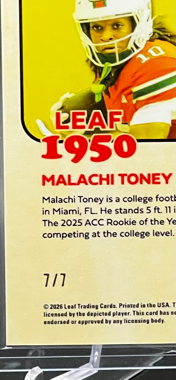 2026 Leaf Metal Malachi Toney Purple Cracked Ice Prismatic 7/7 Bookend SSP Miami Hurricanes