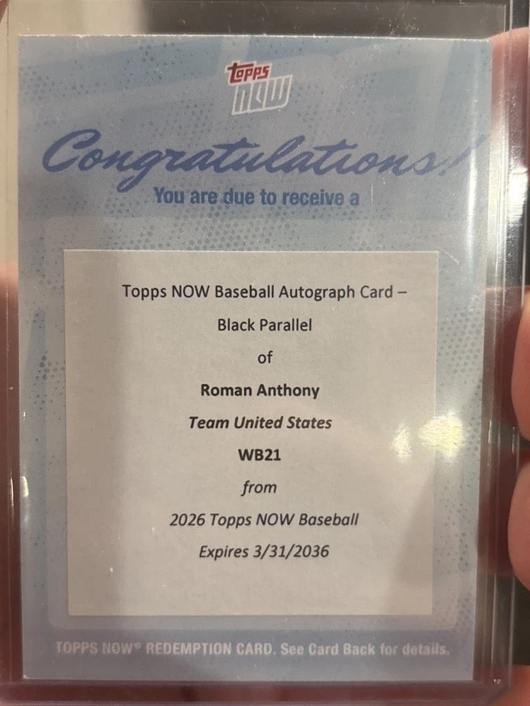 Roman Anthony 2026 WBC Topps Now Card #21 Black Auto #/10 Redemption — Boston Red Sox