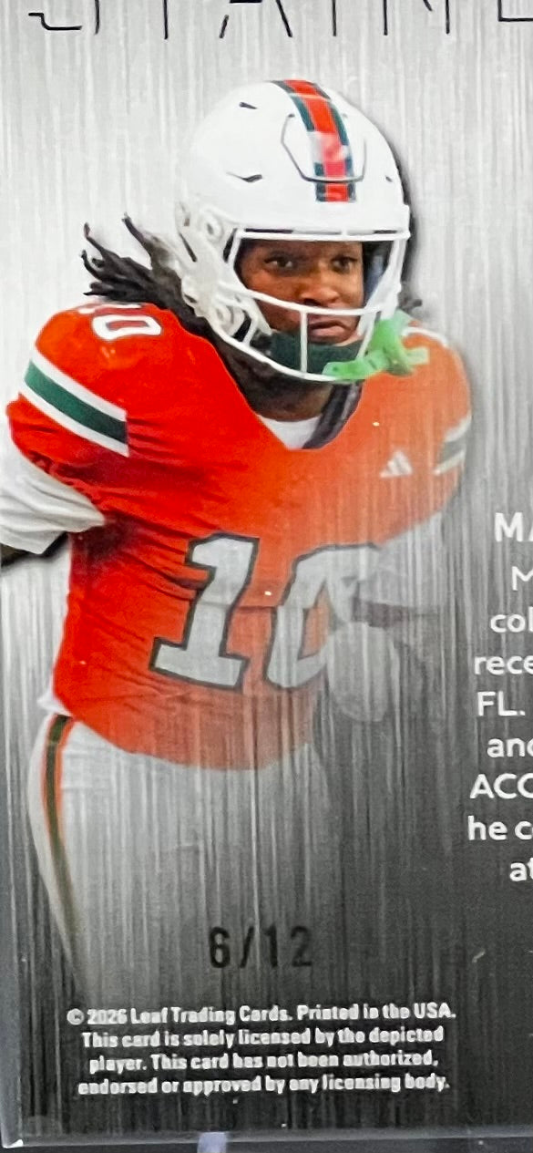 2026 Leaf Metal Malachi Toney Stainless Silver Prismatic /12 Miami Hurricanes SSP