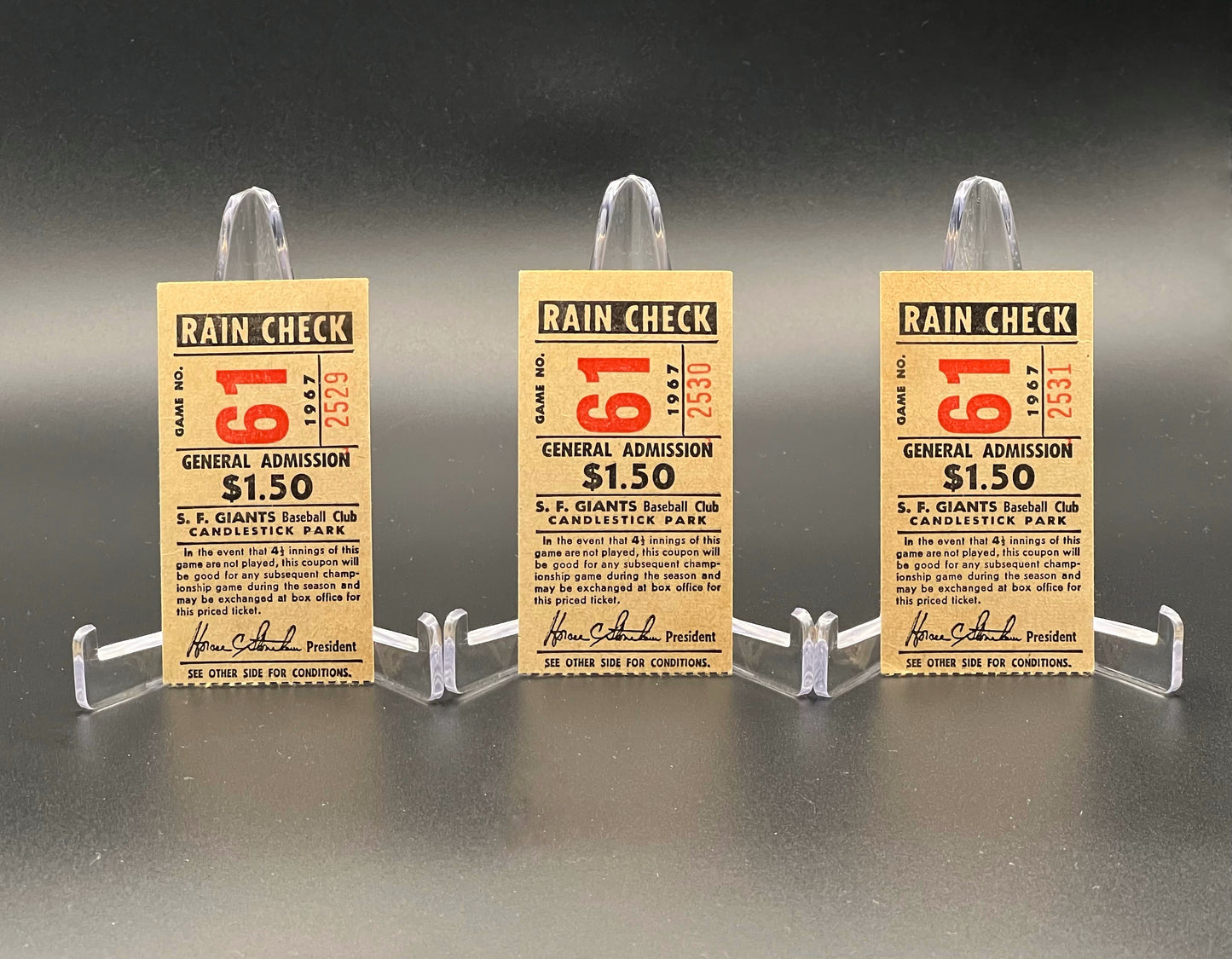 1960s San Francisco Giants Candlestick Park Rain Check Tickets (3) + Willie Mays & McCovey Cards