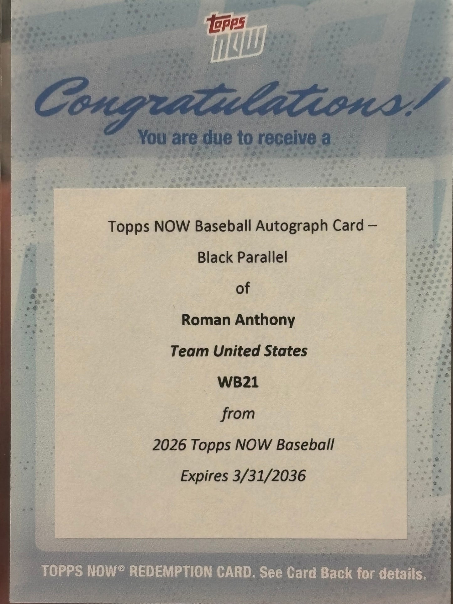 THIS ITEM IS NOT SOLD OUT Roman Anthony 2026 WBC Topps Now Card #21 Black Auto #/10 Redemption — Boston Red Sox