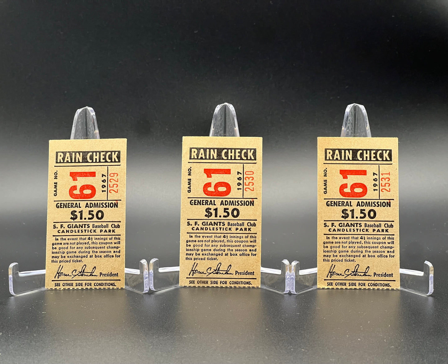 1960s San Francisco Giants Candlestick Park Rain Check Tickets (3) + Willie Mays & McCovey Cards
