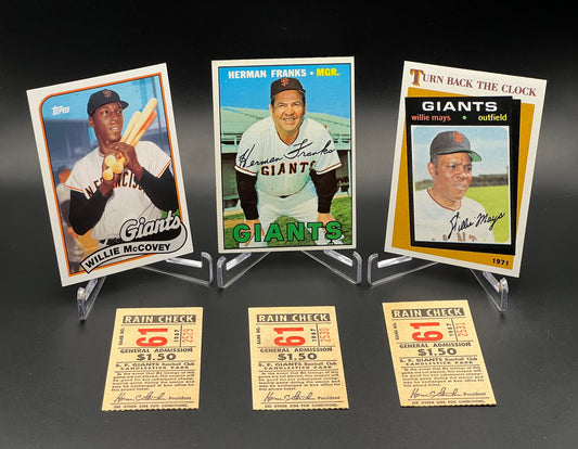 1960s San Francisco Giants Candlestick Park Rain Check Tickets (3) + Willie Mays & McCovey Cards