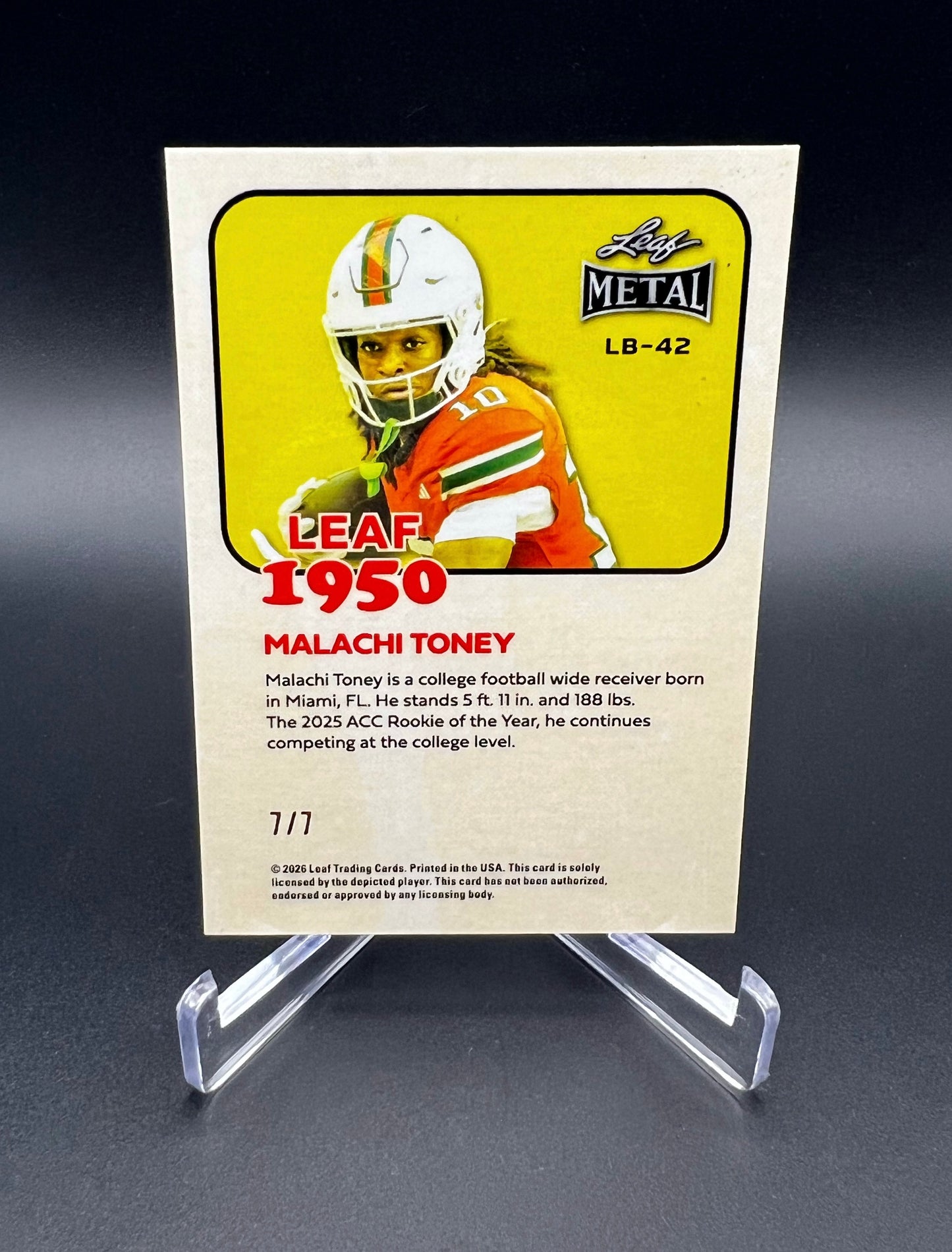 2026 Leaf Metal Malachi Toney Purple Cracked Ice Prismatic 7/7 Bookend SSP Miami Hurricanes
