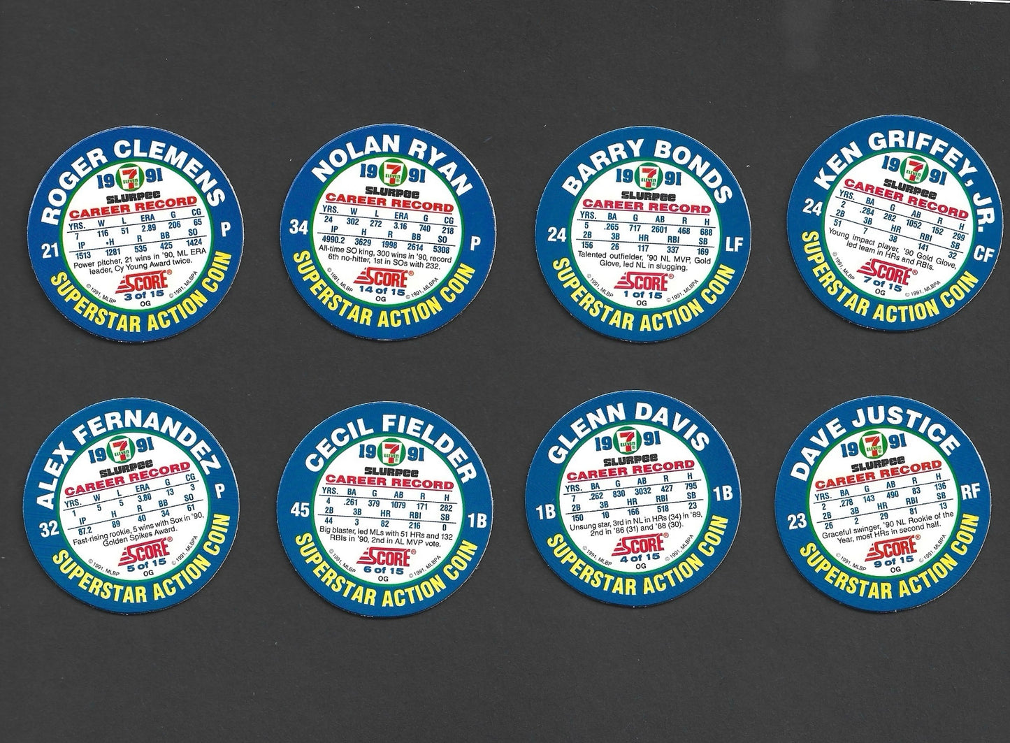 1991 7-11 Slurpee Score Coins Griffey Jr, Bonds, Clemens, Ryan, Justice and Others