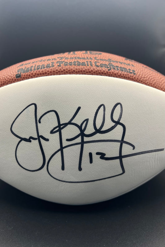 Jim Kelly Autographed Wilson NFL White Panel Football & 8x10 Photo — JSA Certified HOF Buffalo Bills