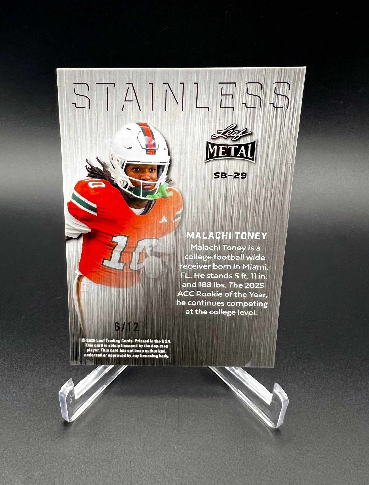 2026 Leaf Metal Malachi Toney Stainless Silver Prismatic /12 Miami Hurricanes SSP