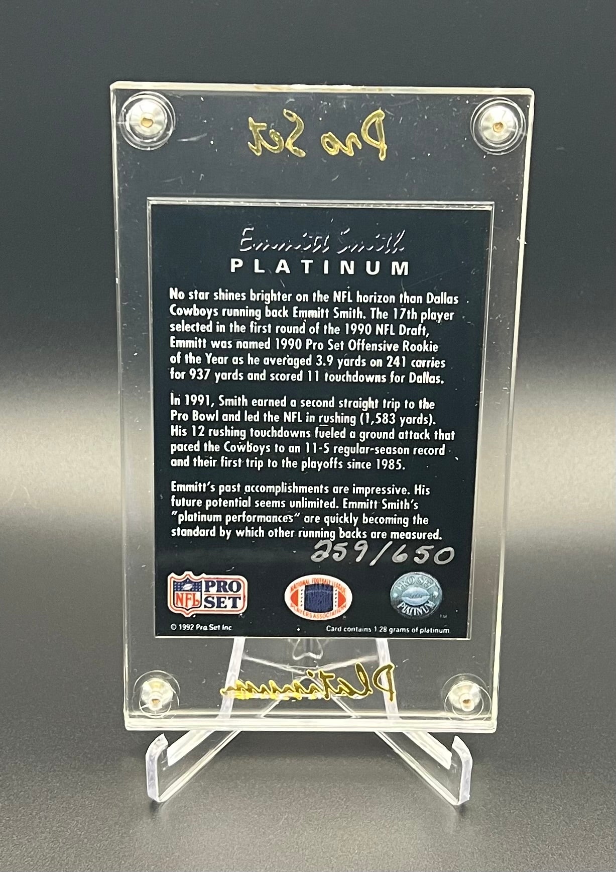 1991/92 Pro Set Platinum Series II – Emmitt Smith Platinum Card #259/650 - Complete Original Redemption Package – Sealed with Certificate & CEO Letter - Early Precious Metal Football Card