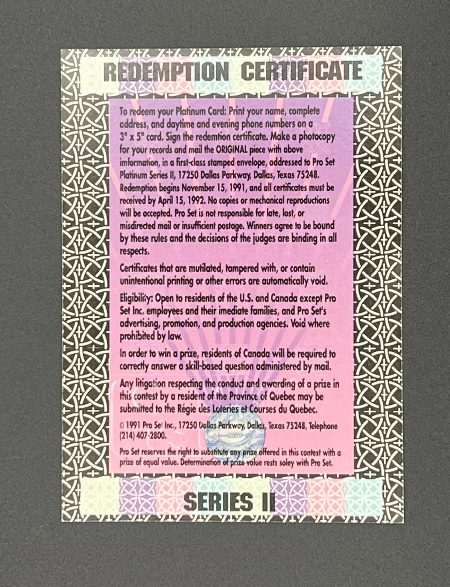 1991/92 Pro Set Platinum Series II – Emmitt Smith Platinum Card #259/650 - Complete Original Redemption Package – Sealed with Certificate & CEO Letter - Early Precious Metal Football Card